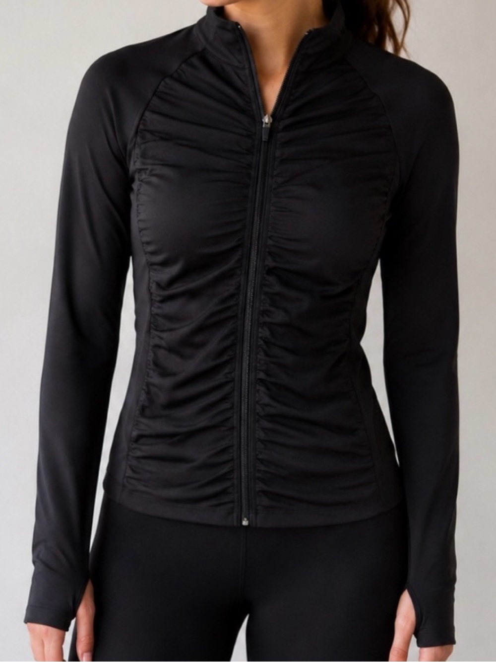 Ruched Black Zip-Up Utility Jacket for Women